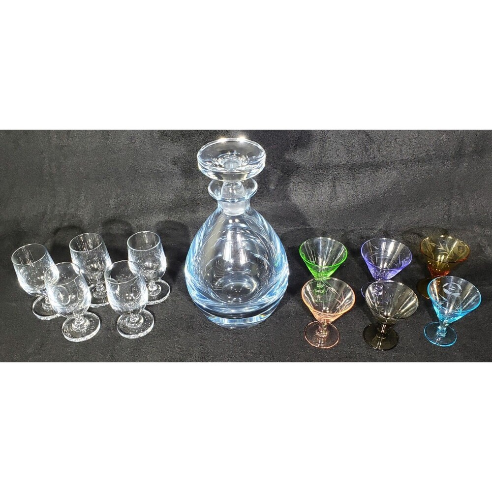 Vintage SIGNED Strombergshyttan Swedish Decanter w/Stopper & 11 Cordials